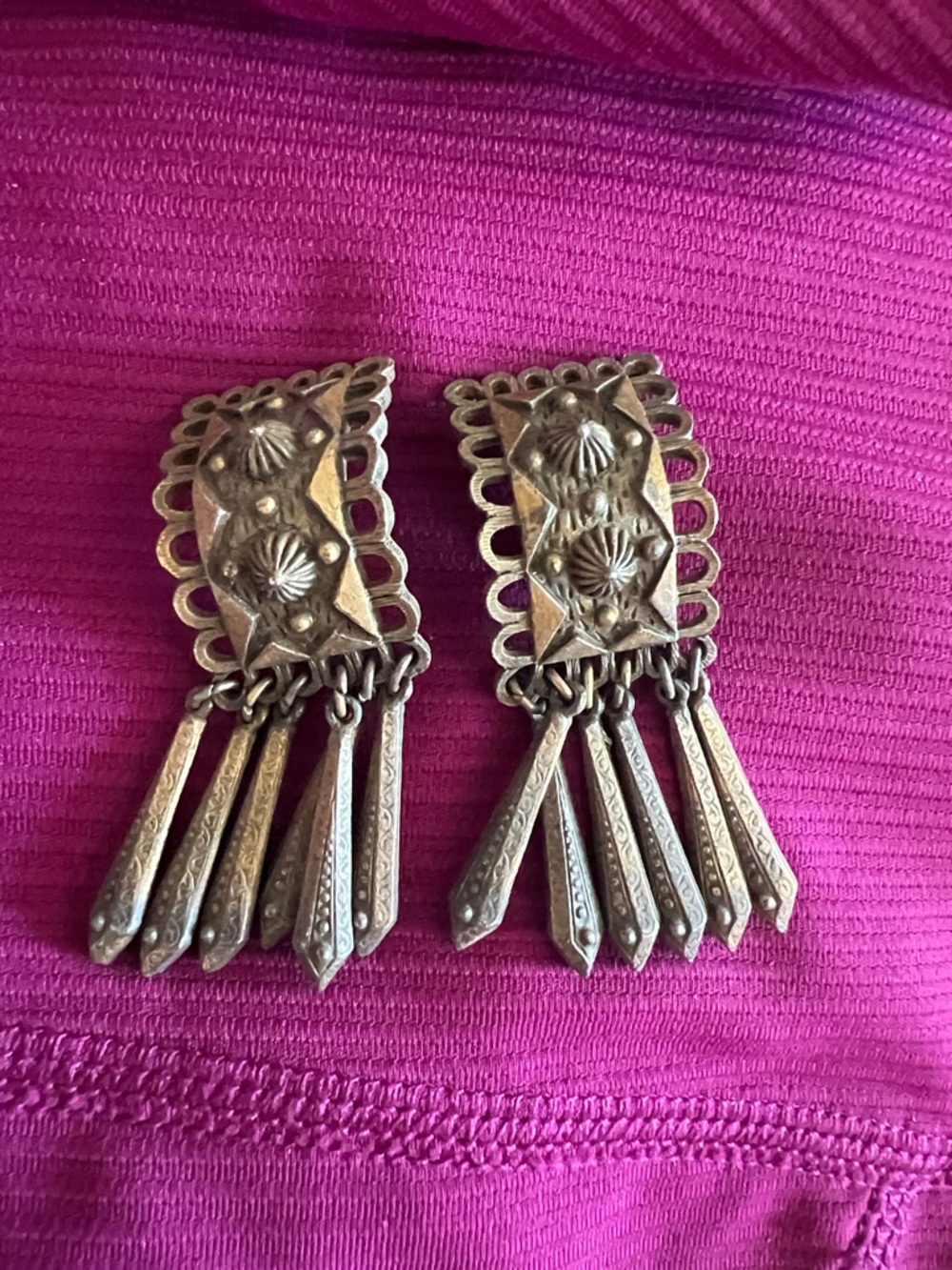 Antique-Style Taxco Mexican Dangling Metal Clip-On Earring in Aged Brass Tone